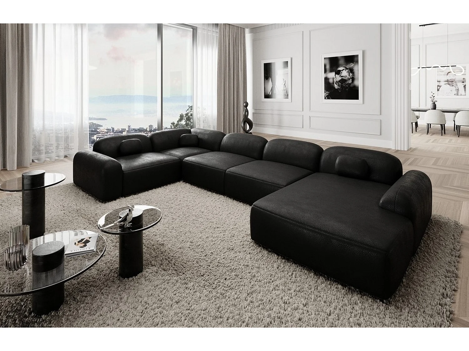 Wohnlandschaft Barcelona mit Zierkissen Kunstleder Schwarz Rechts