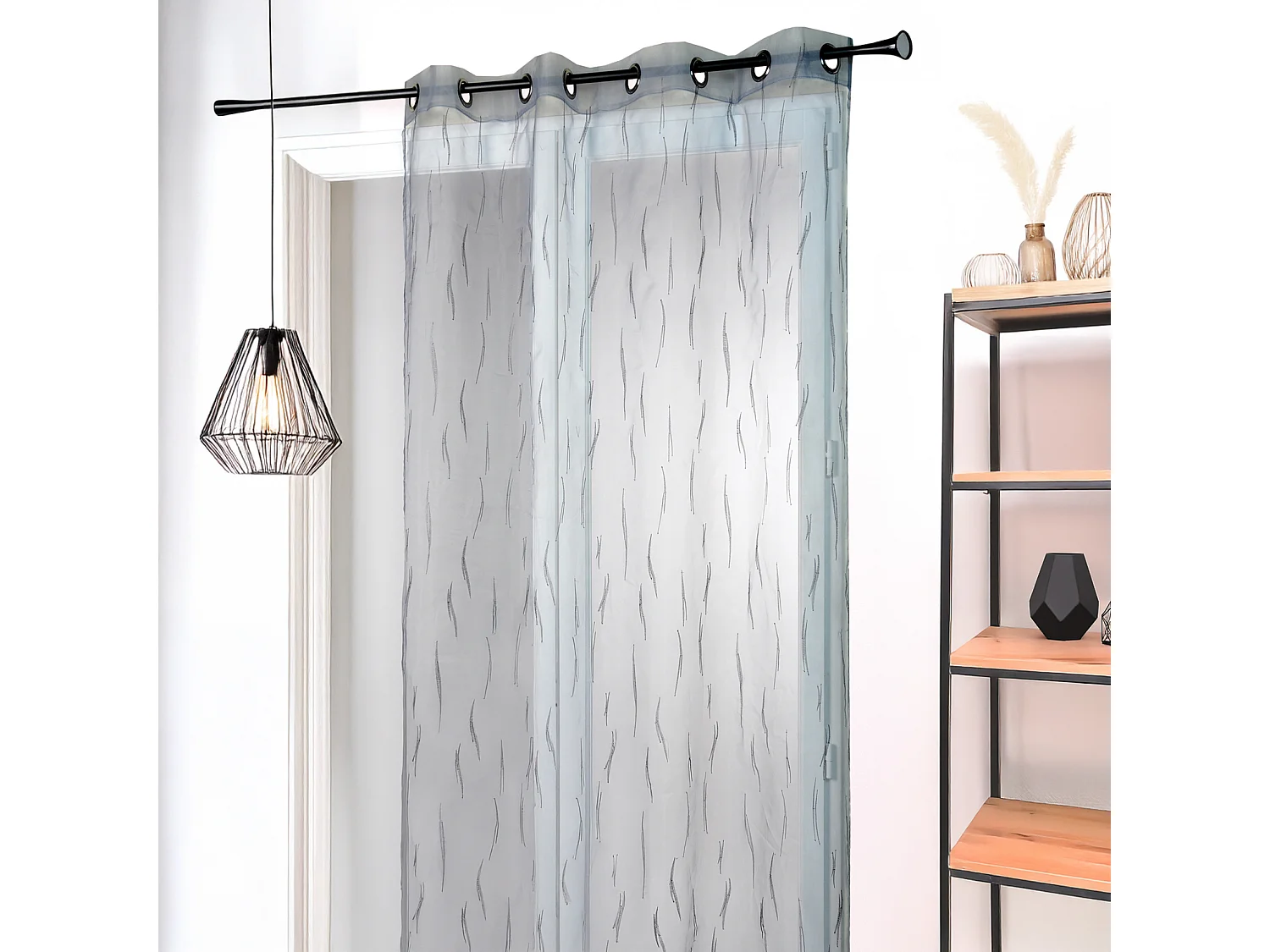 Voilage en Organza Gris Brodé Motif Brindilles