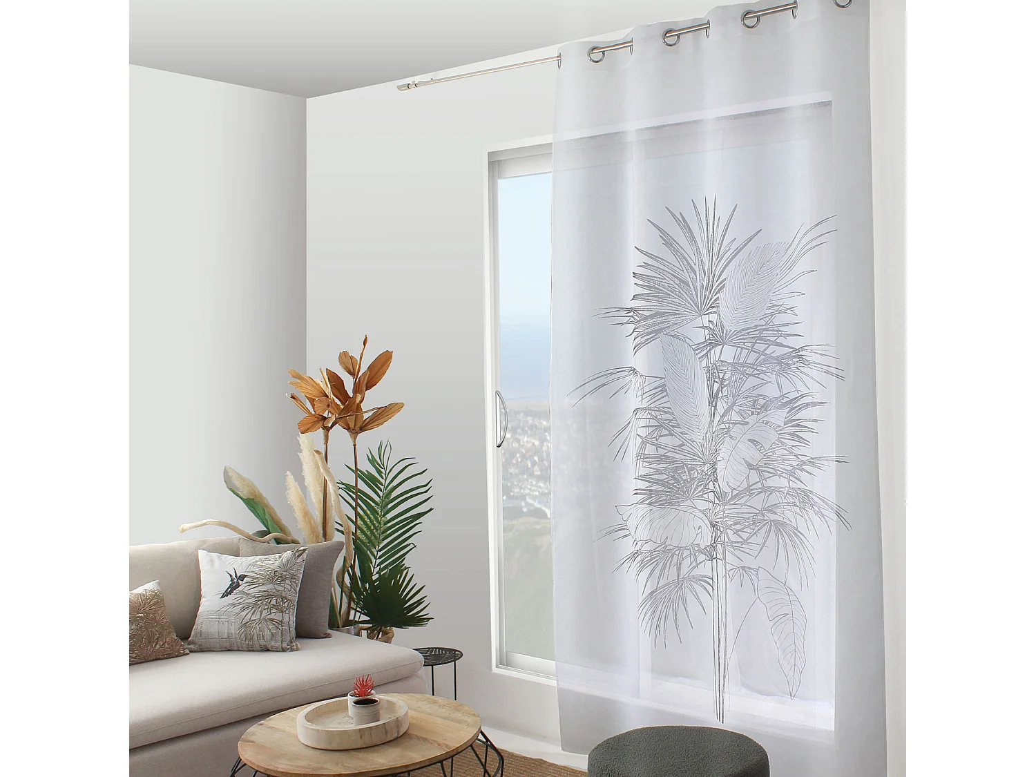 Rideau Voilage Imprimé "Palmeira" 140x240cm Anthracite