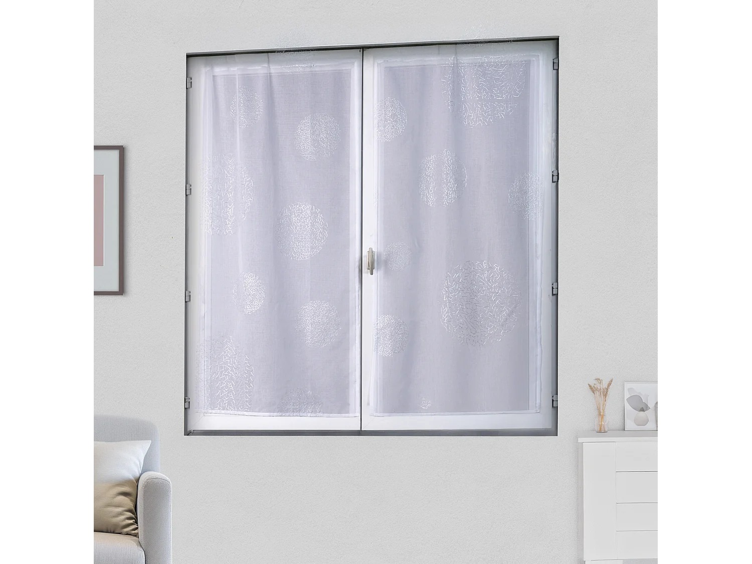 Paire de petits voilages en étamine motif argent