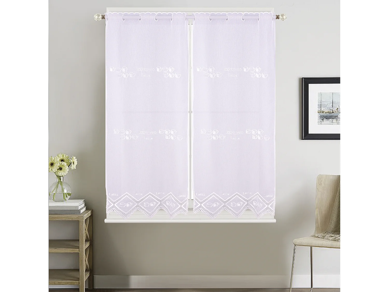 Par de Cortinas de Encaje con Motivo Café Latte para Cocina