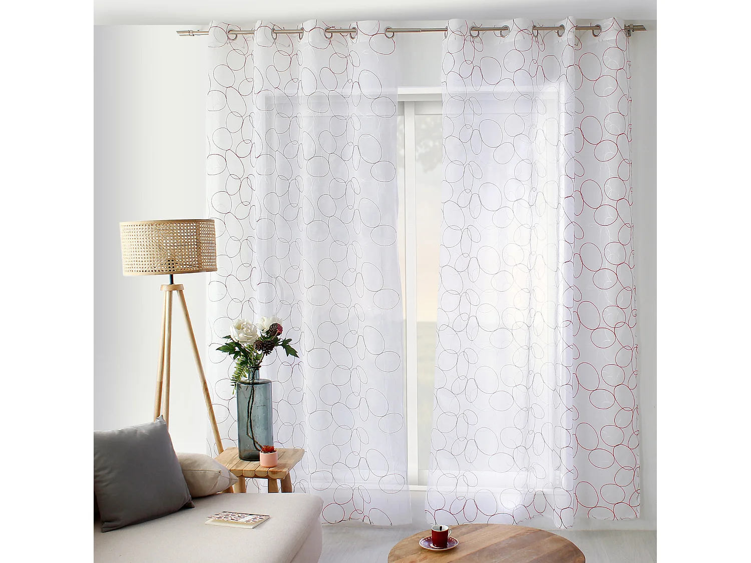 Rideau Voilage Brodé "Galet" 140x240cm Bordeaux & Blanc