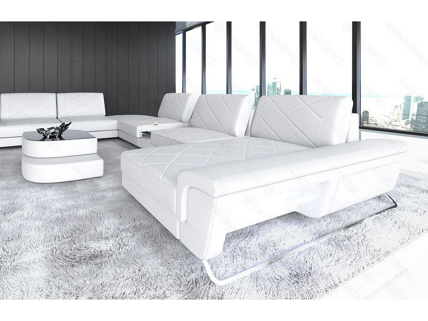 Sofa Bari U XXL Leder Kunstleder Weiß Rechts