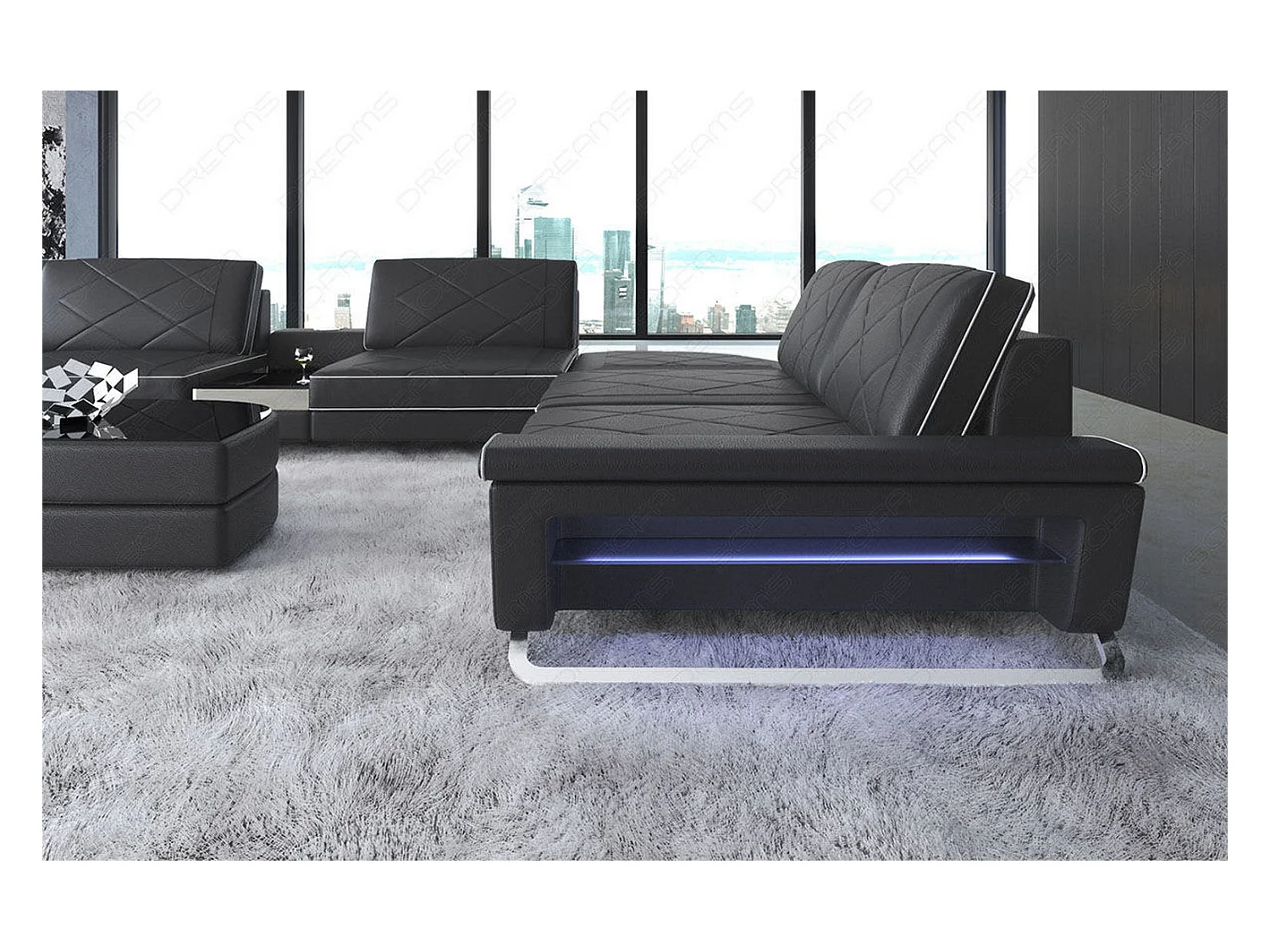 Sofa Bari U XXL Leder Kunstleder Schwarz Weiß Links