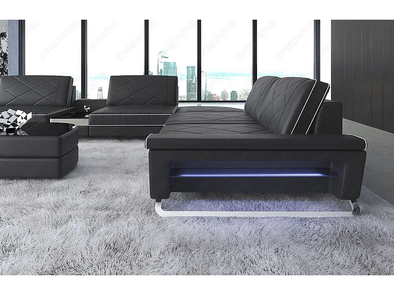 Sofa Bari U XXL Leder Kunstleder Schwarz Weiß Links