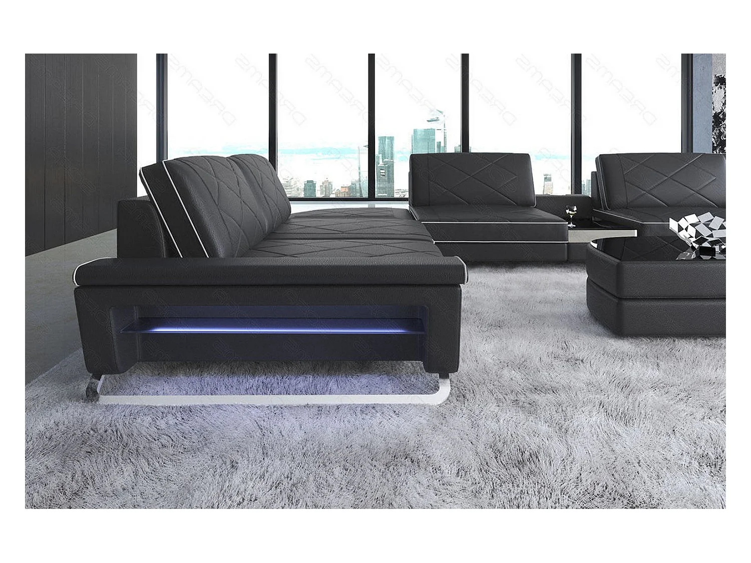 Sofa Bari U XXL Leder Ledermix Schwarz Weiß Rechts