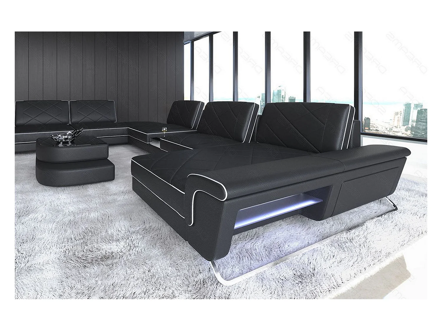 Sofa Bari U XXL Leder Ledermix Schwarz Weiß Rechts