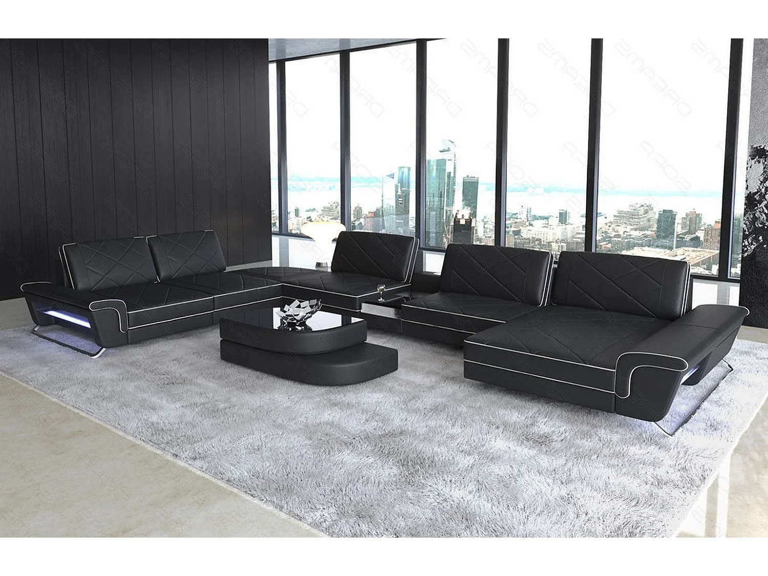 Sofa Bari U XXL Leder Ledermix Schwarz Weiß Rechts