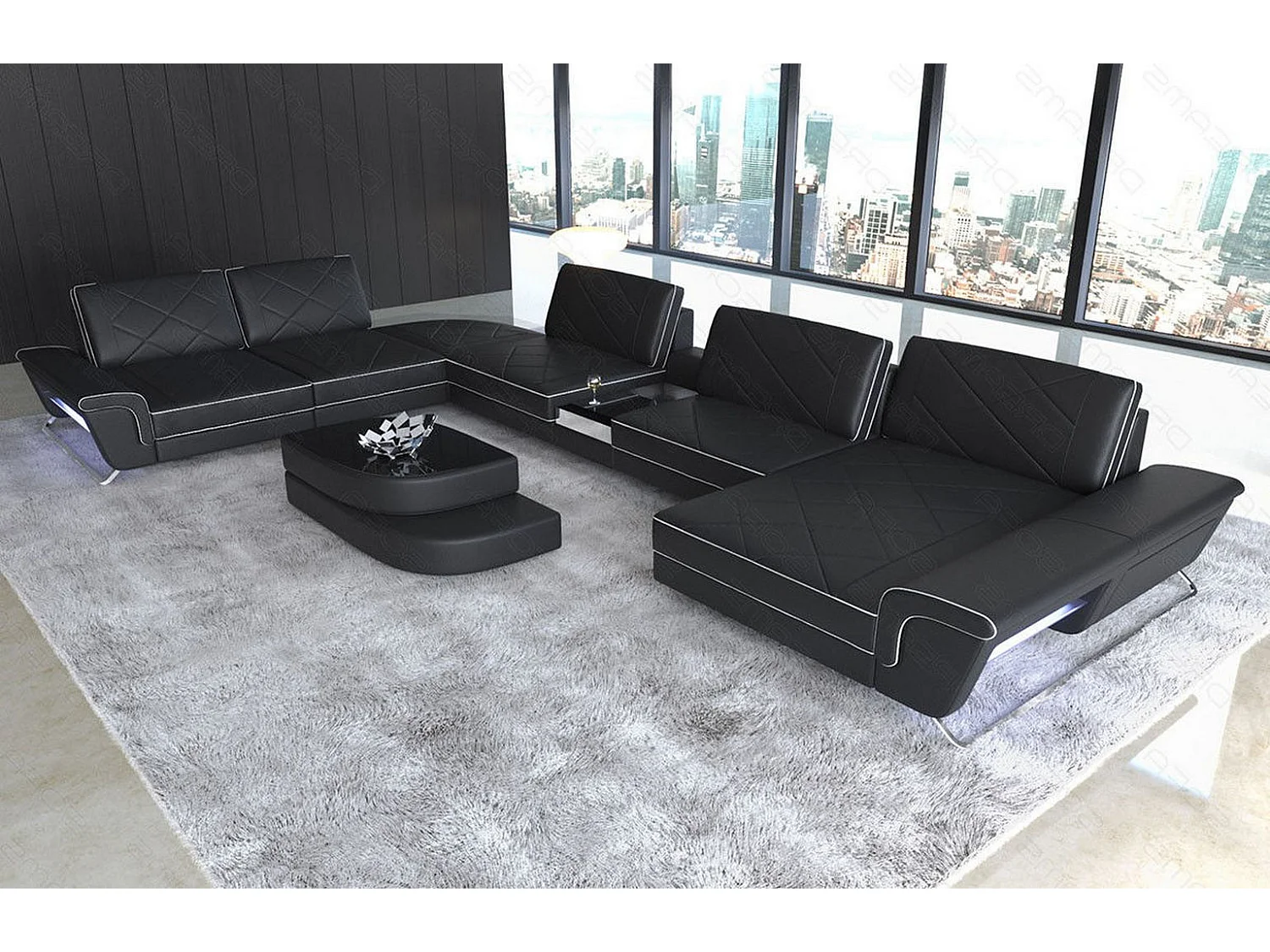 Sofa Bari U XXL Leder Ledermix Schwarz Weiß Rechts