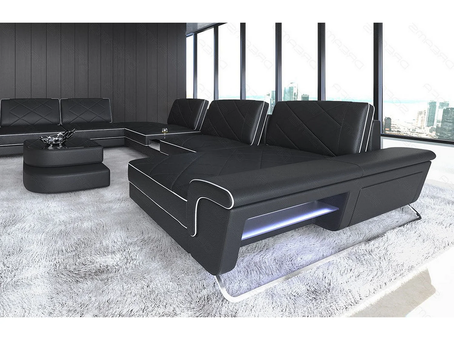 Sofa Bari U XXL Leder Ledermix Schwarz Weiß Rechts