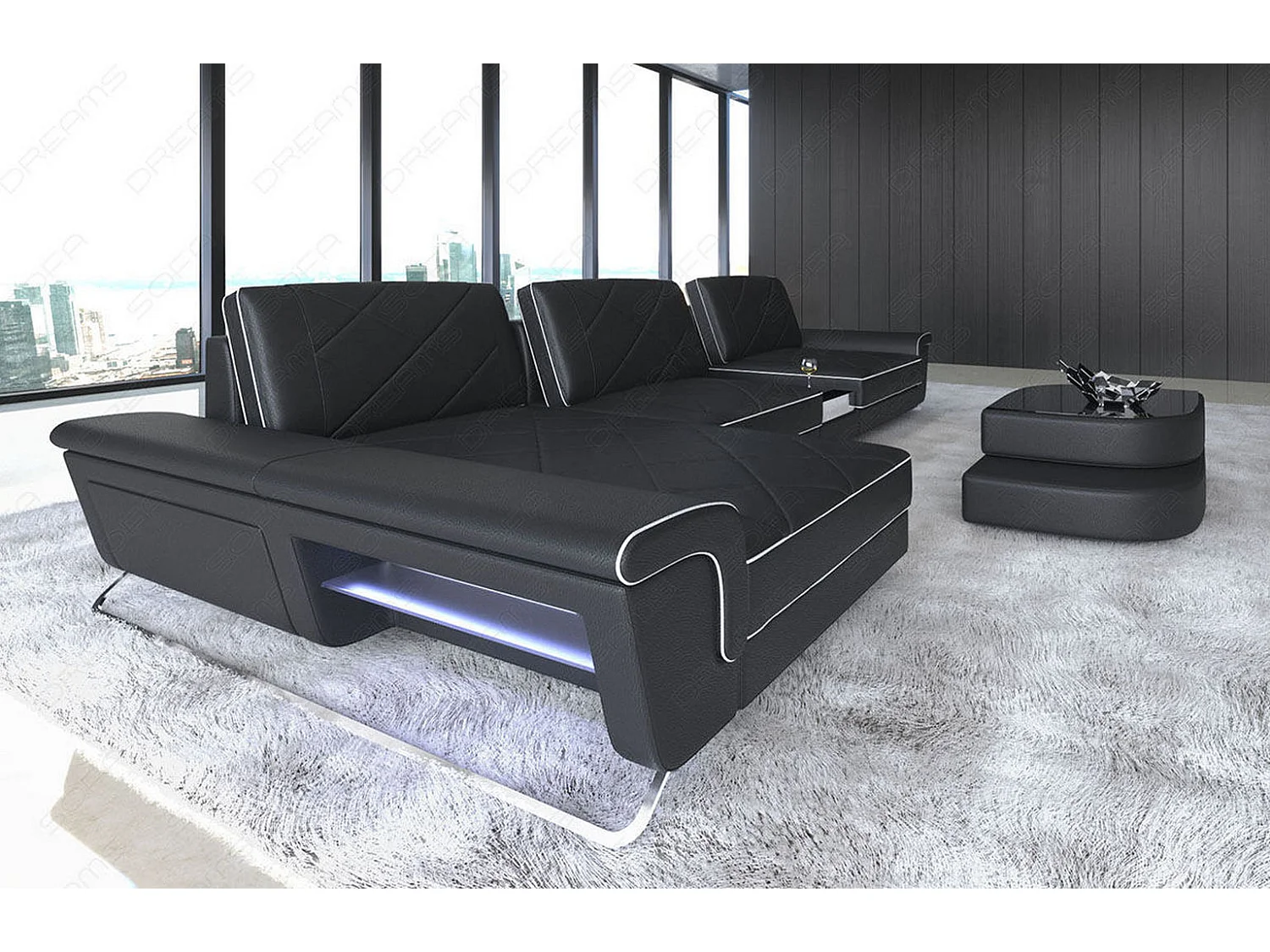 Ledersofa Bari L Ledermix Schwarz Weiß Links