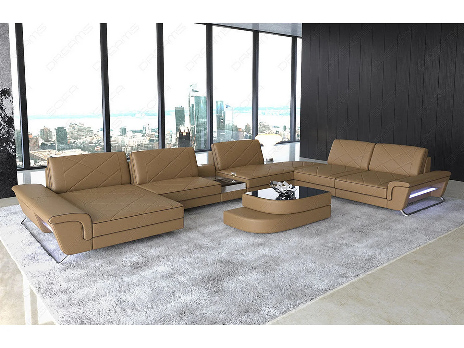 Sofa Bari U XXL Leder Kunstleder Sandbeige Braun Links