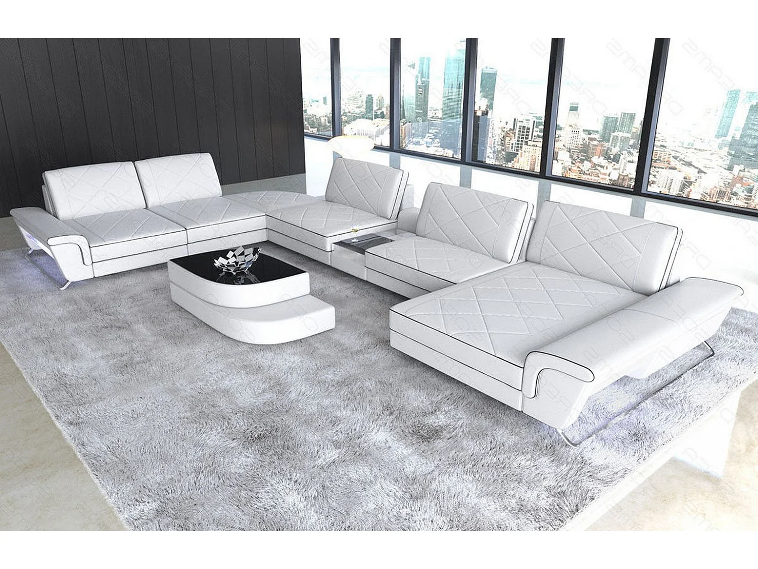 Sofa Bari U XXL Leder Kunstleder Weiß Schwarz Rechts