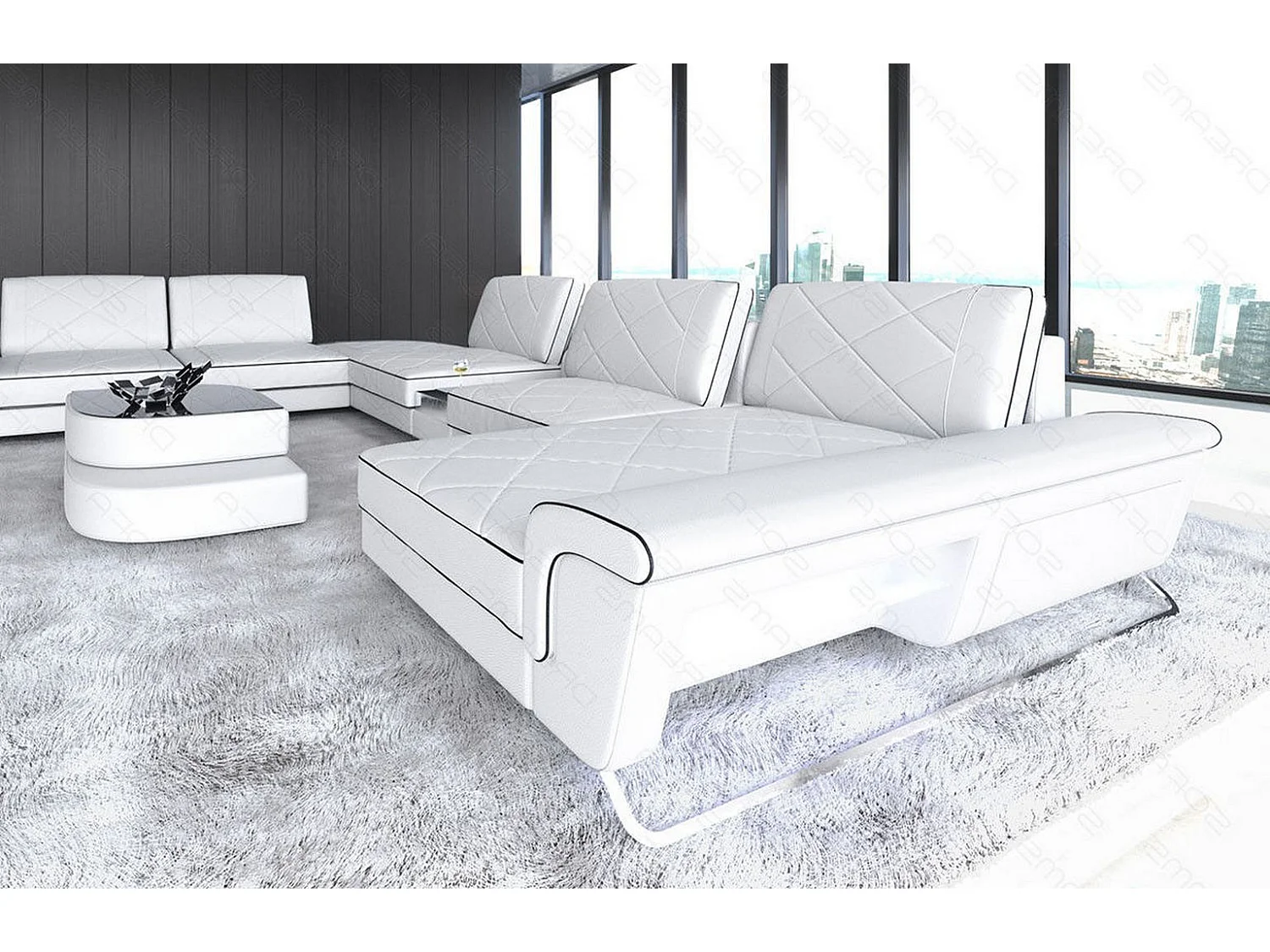 Sofa Bari U XXL Leder Kunstleder Weiß Schwarz Rechts