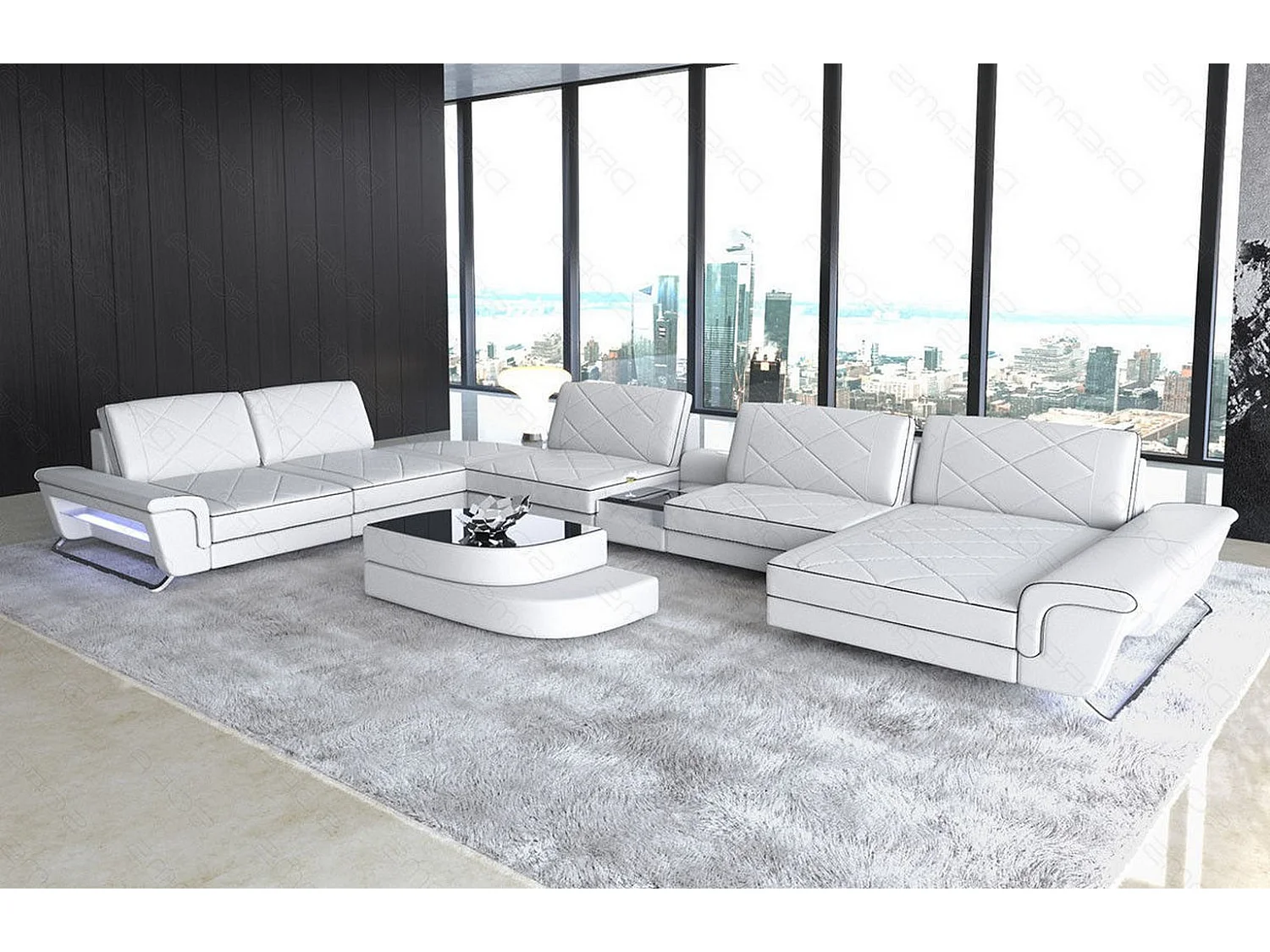 Sofa Bari U XXL Leder Kunstleder Weiß Schwarz Rechts