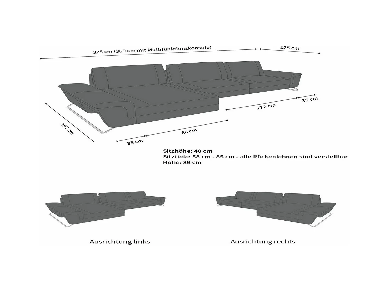 Ledersofa Bari L Echtleder Schwarz Grau Rechts