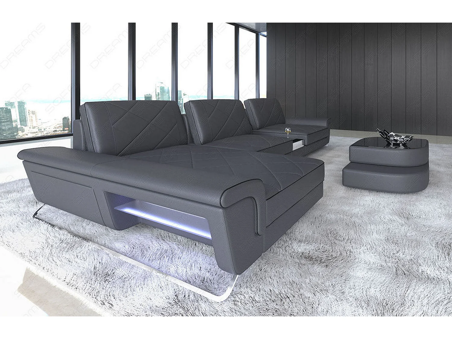 Ledersofa Bari L Kunstleder Schwarz Grau Links