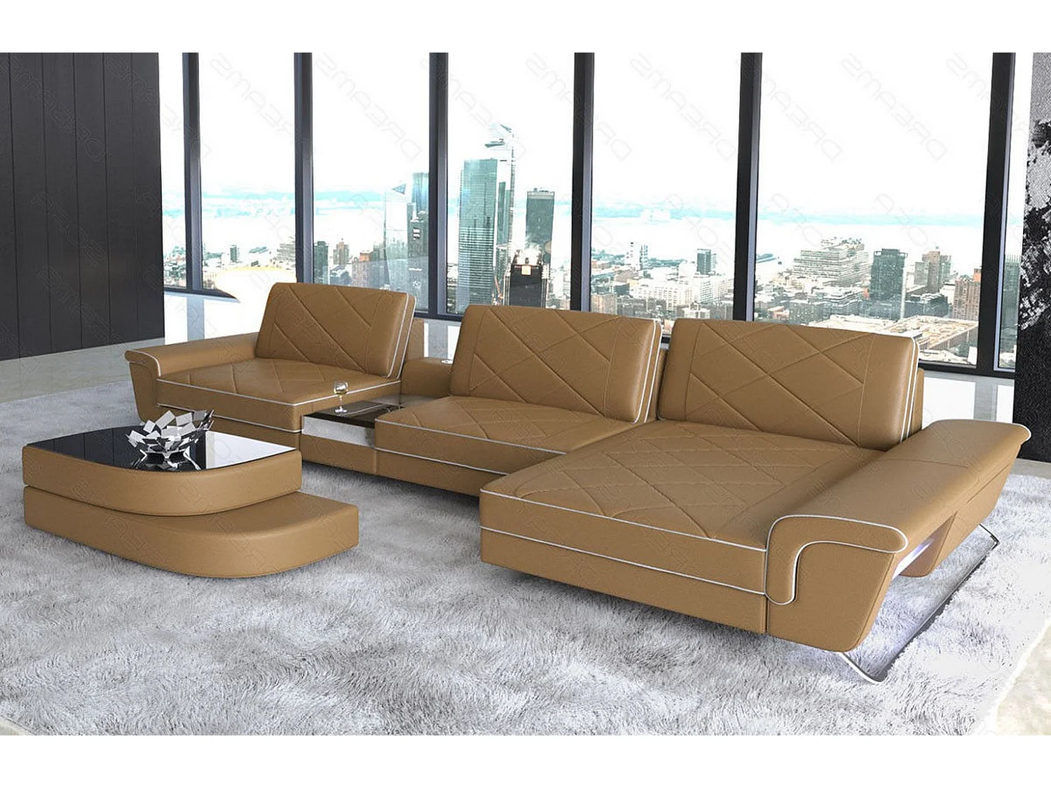 Ledersofa Bari L Kunstleder Sandbeige Weiß Rechts