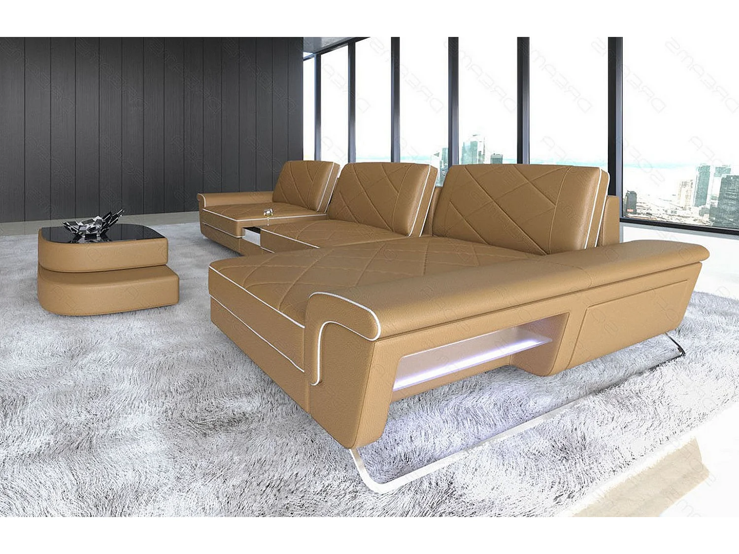 Ledersofa Bari L Kunstleder Sandbeige Weiß Rechts