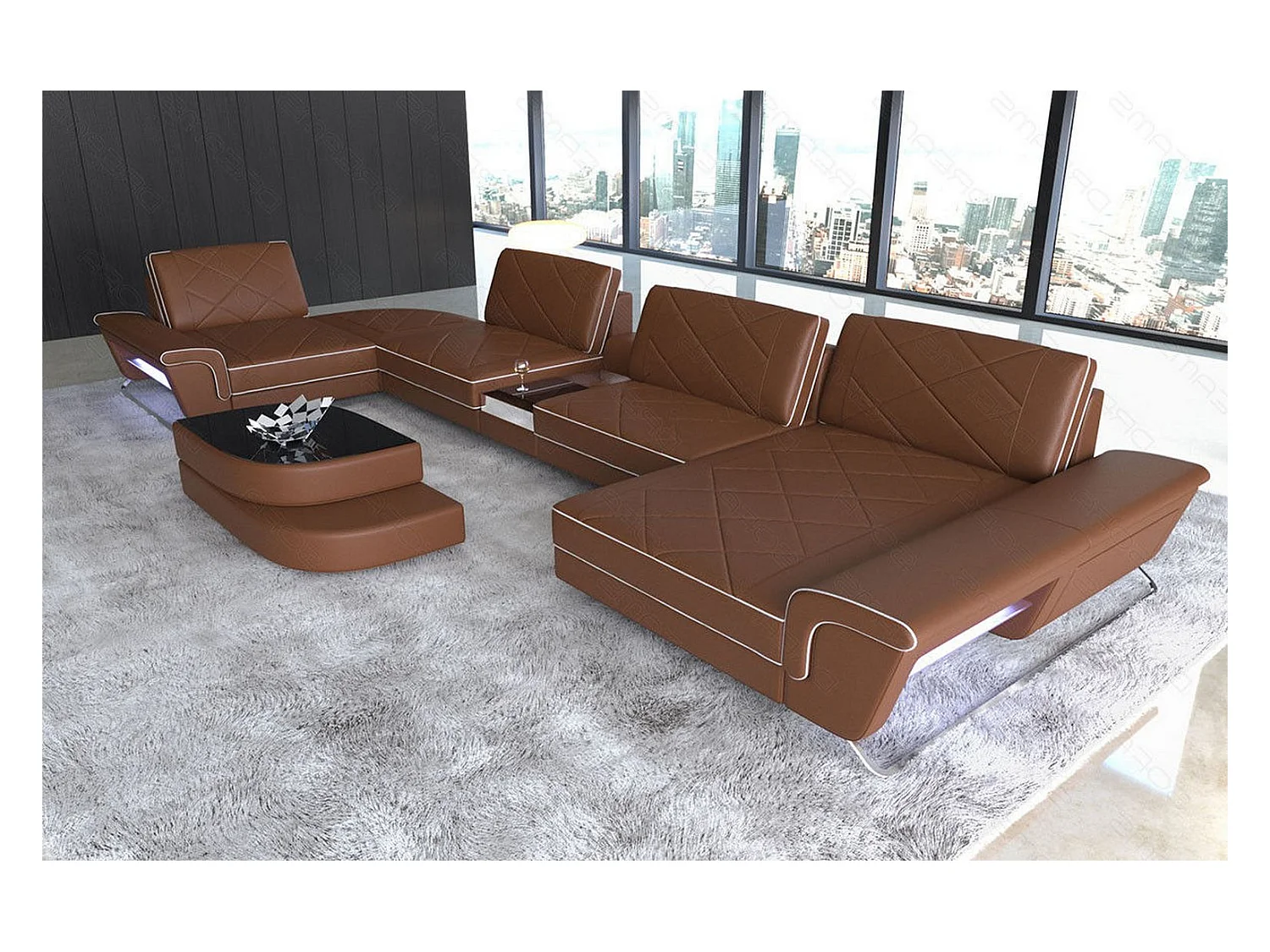 Sofa Bari U Leder Kunstleder Hellbraun Weiß Rechts