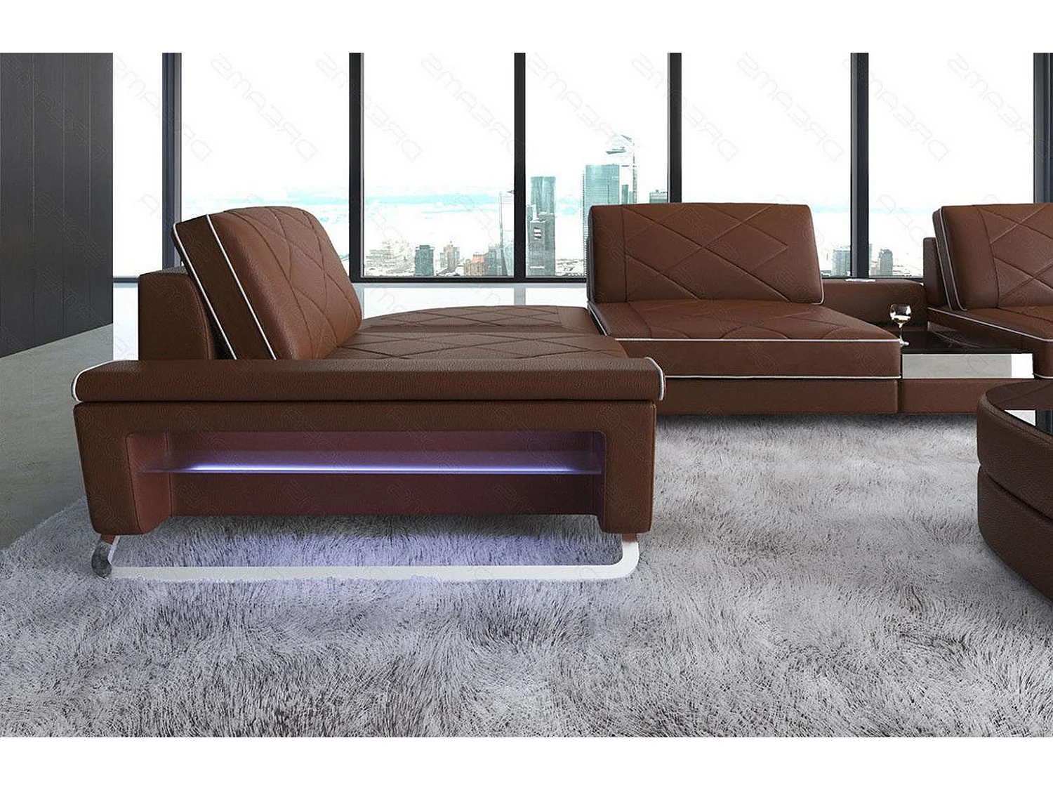 Sofa Bari U Leder Kunstleder Hellbraun Weiß Rechts