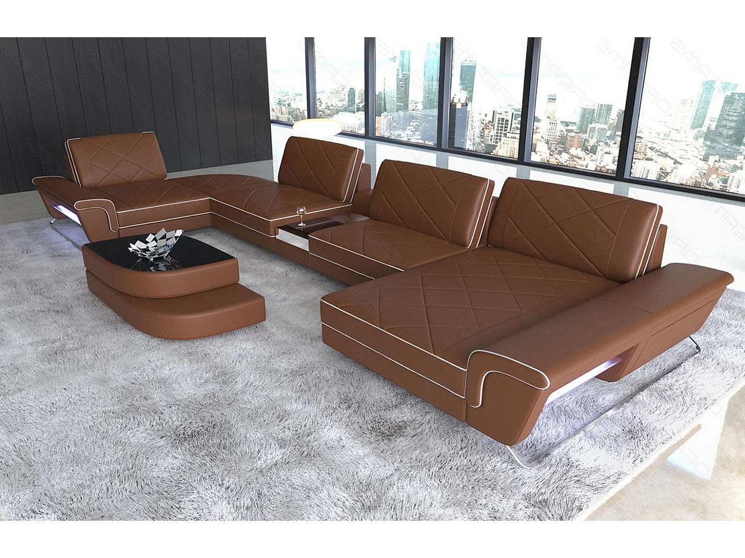 Sofa Bari U Leder Kunstleder Hellbraun Weiß Rechts