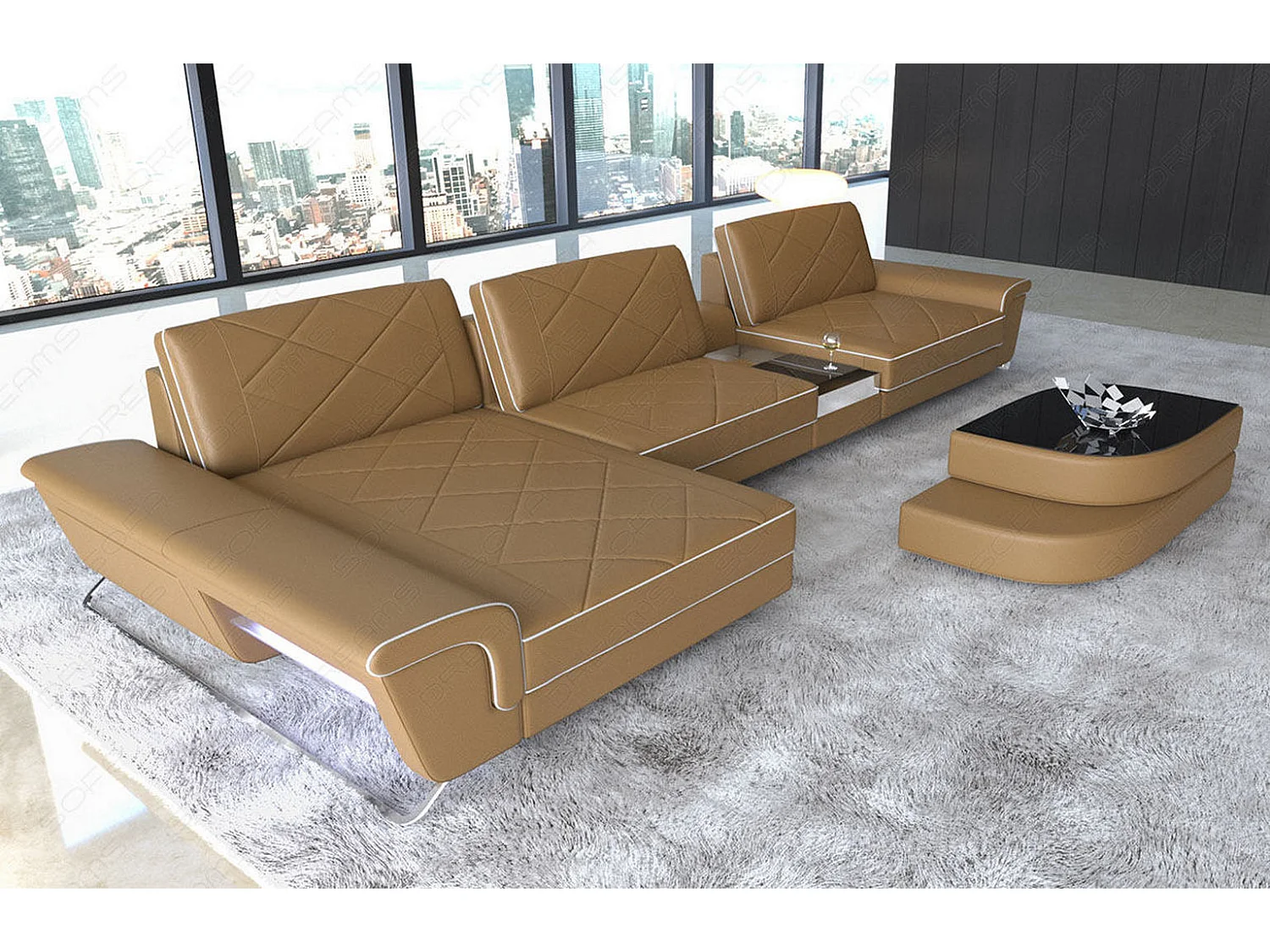 Ledersofa Bari L Ledermix Sandbeige Weiß Links
