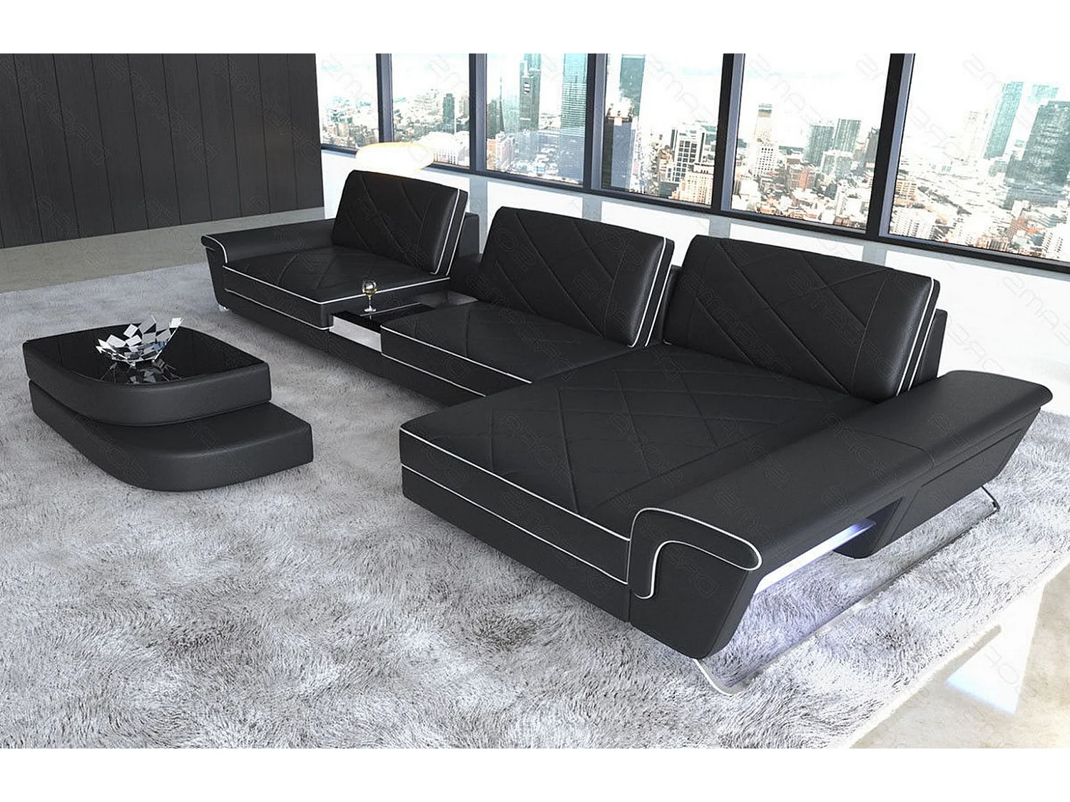 Ledersofa Bari L Kunstleder Schwarz Weiß Rechts