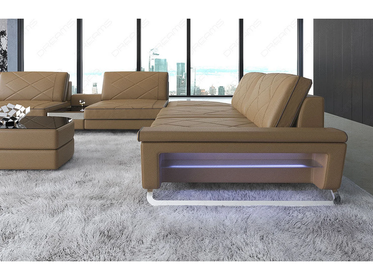 Sofa Bari U XXL Leder Echtleder Sandbeige Braun Links