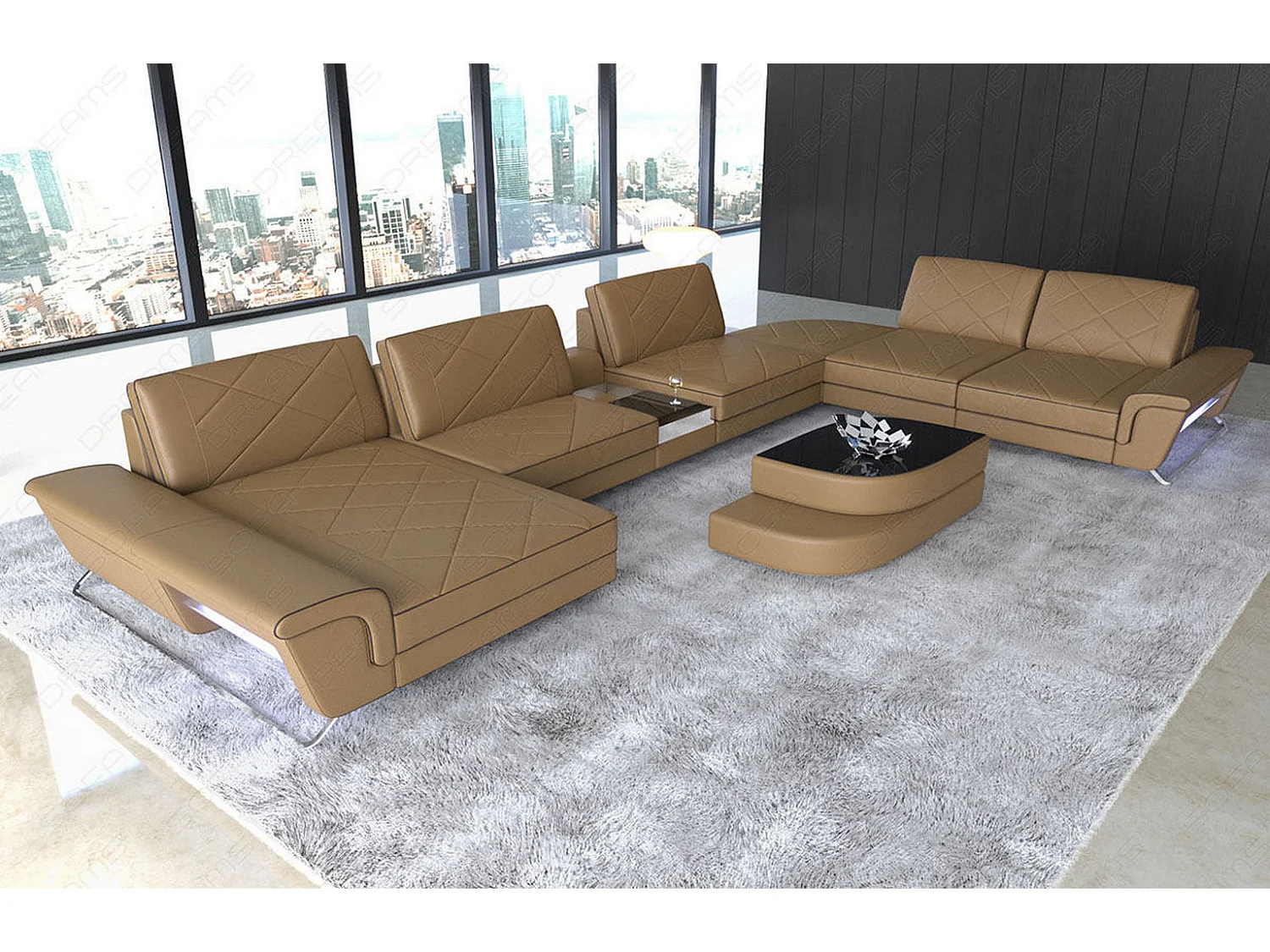 Sofa Bari U XXL Leder Echtleder Sandbeige Braun Links