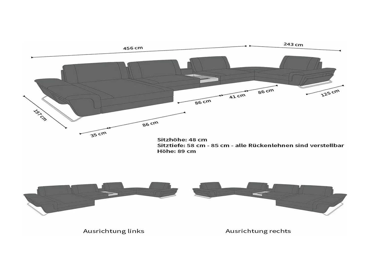 Sofa Bari U Leder Ledermix Weiß Schwarz Rechts