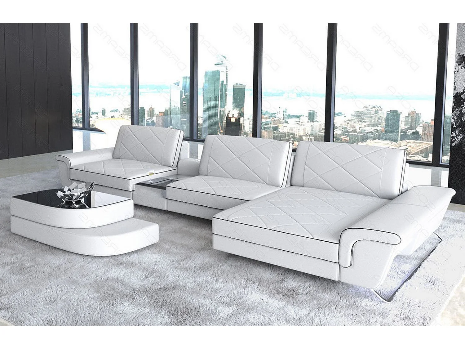 Ledersofa Bari L Kunstleder Weiß Schwarz Rechts