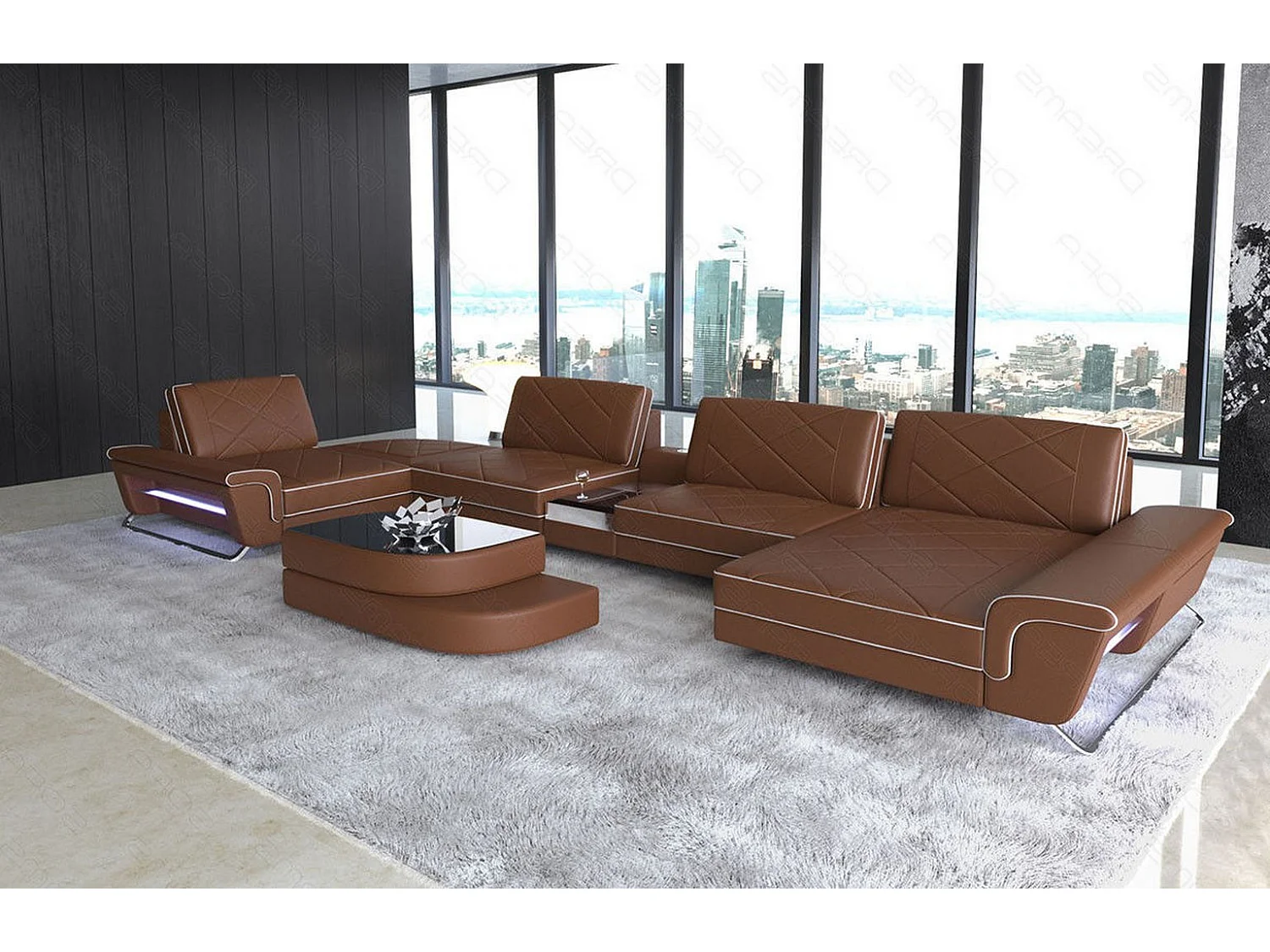 Sofa Bari U Leder Ledermix Hellbraun Weiß Rechts