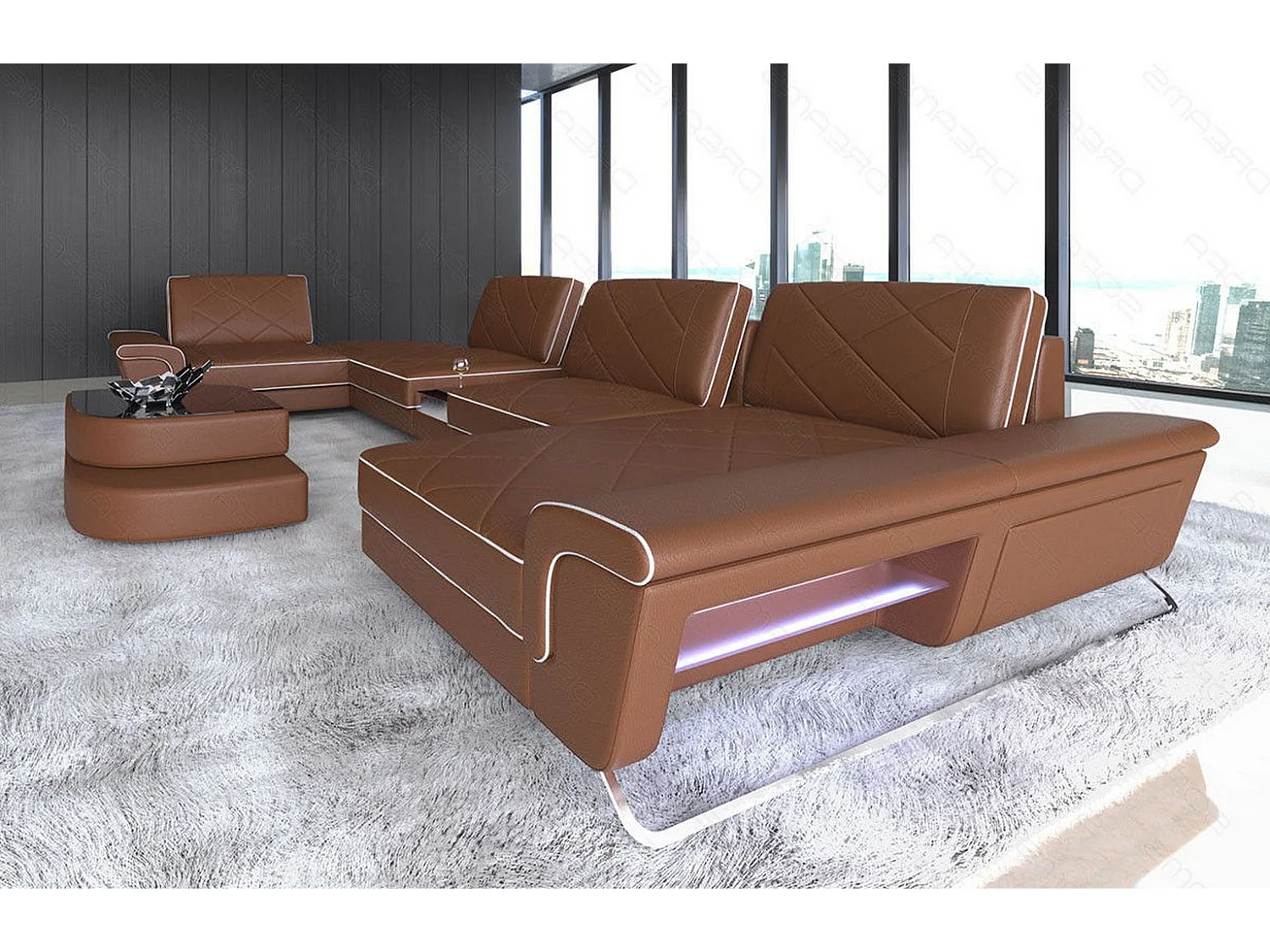 Sofa Bari U Leder Ledermix Hellbraun Weiß Rechts