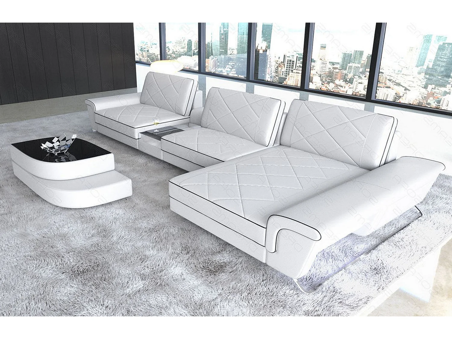 Ledersofa Bari L Ledermix Weiß Schwarz Rechts