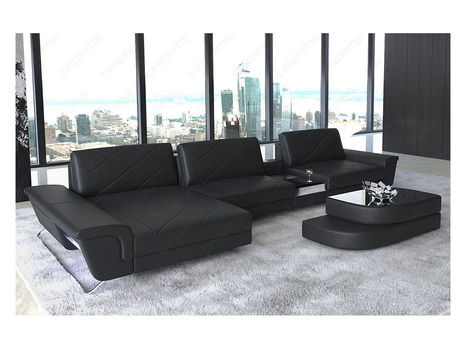 Ledersofa Bari L Echtleder Schwarz Links