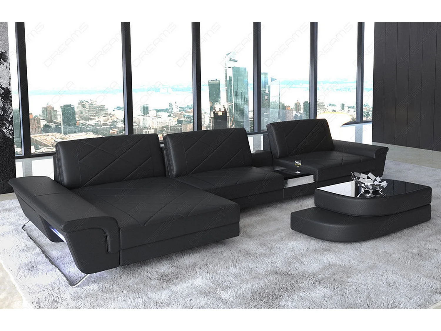 Ledersofa Bari L Echtleder Schwarz Links