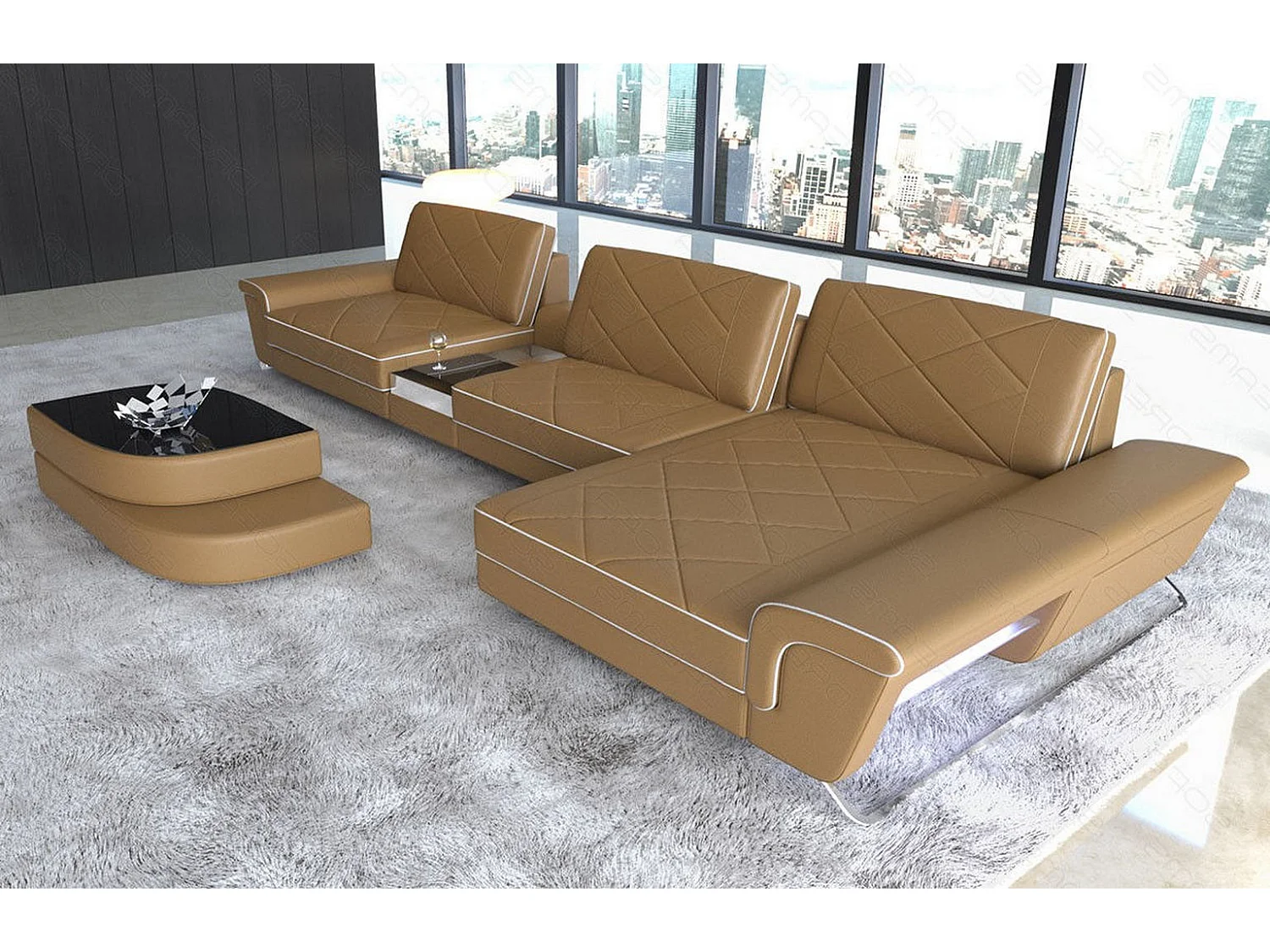 Ledersofa Bari L Ledermix Sandbeige Weiß Rechts