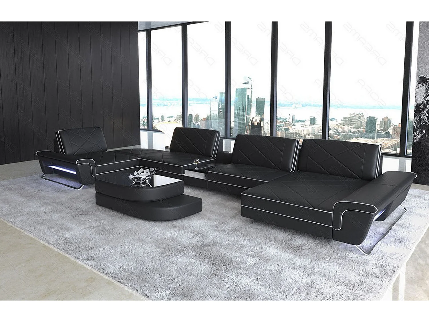 Sofa Bari U Leder Ledermix Schwarz Weiß Rechts