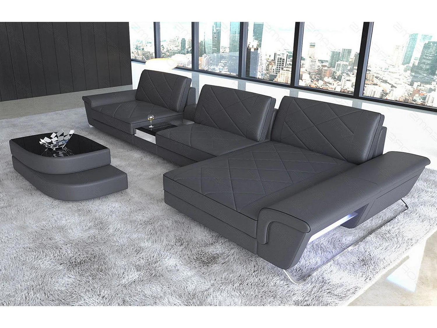 Ledersofa Bari L Kunstleder Schwarz Grau Rechts