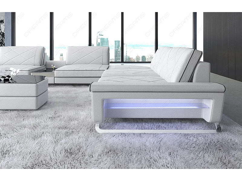 Sofa Bari U XXL Leder Kunstleder Weiß Schwarz Links