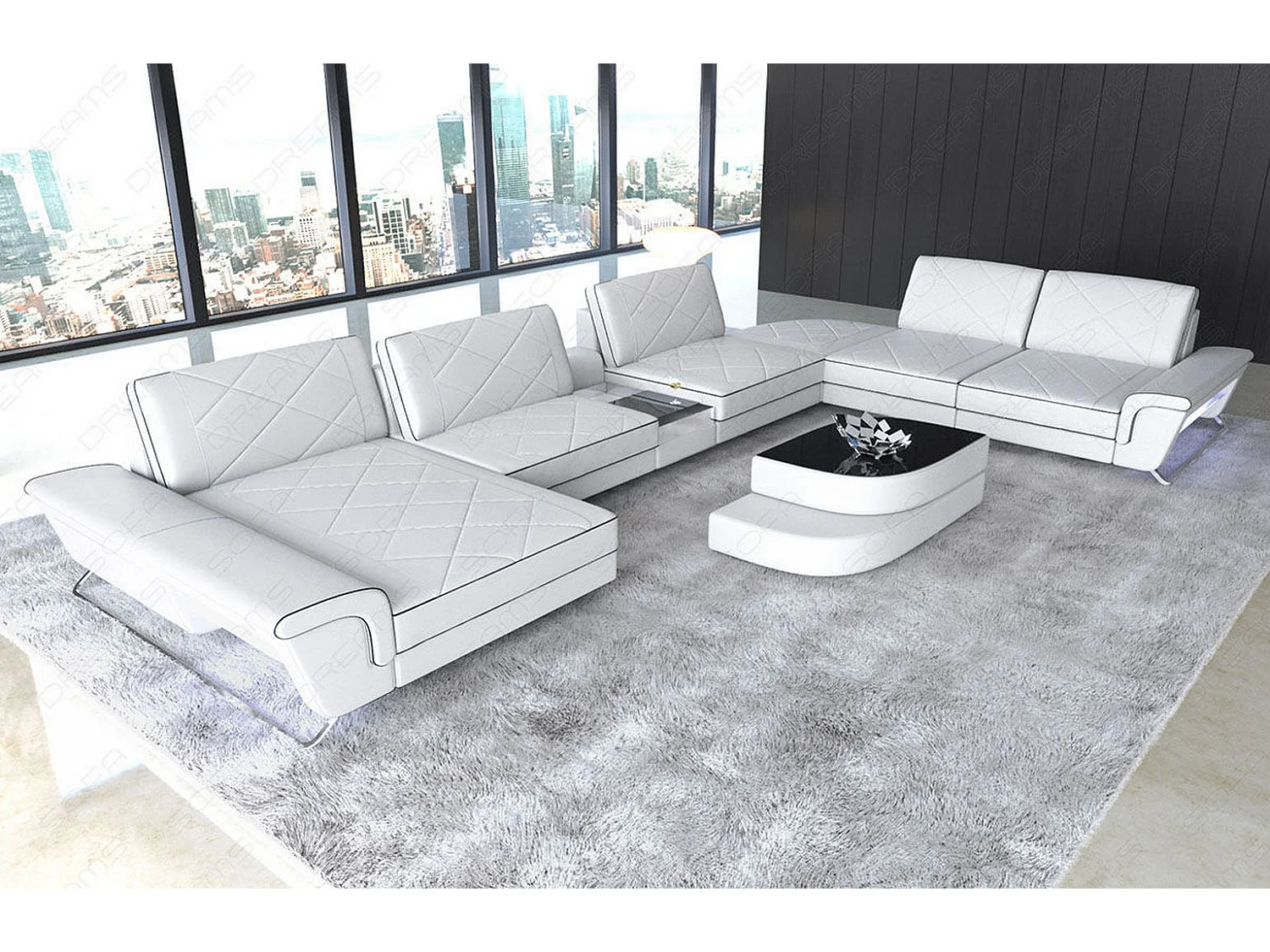 Sofa Bari U XXL Leder Kunstleder Weiß Schwarz Links