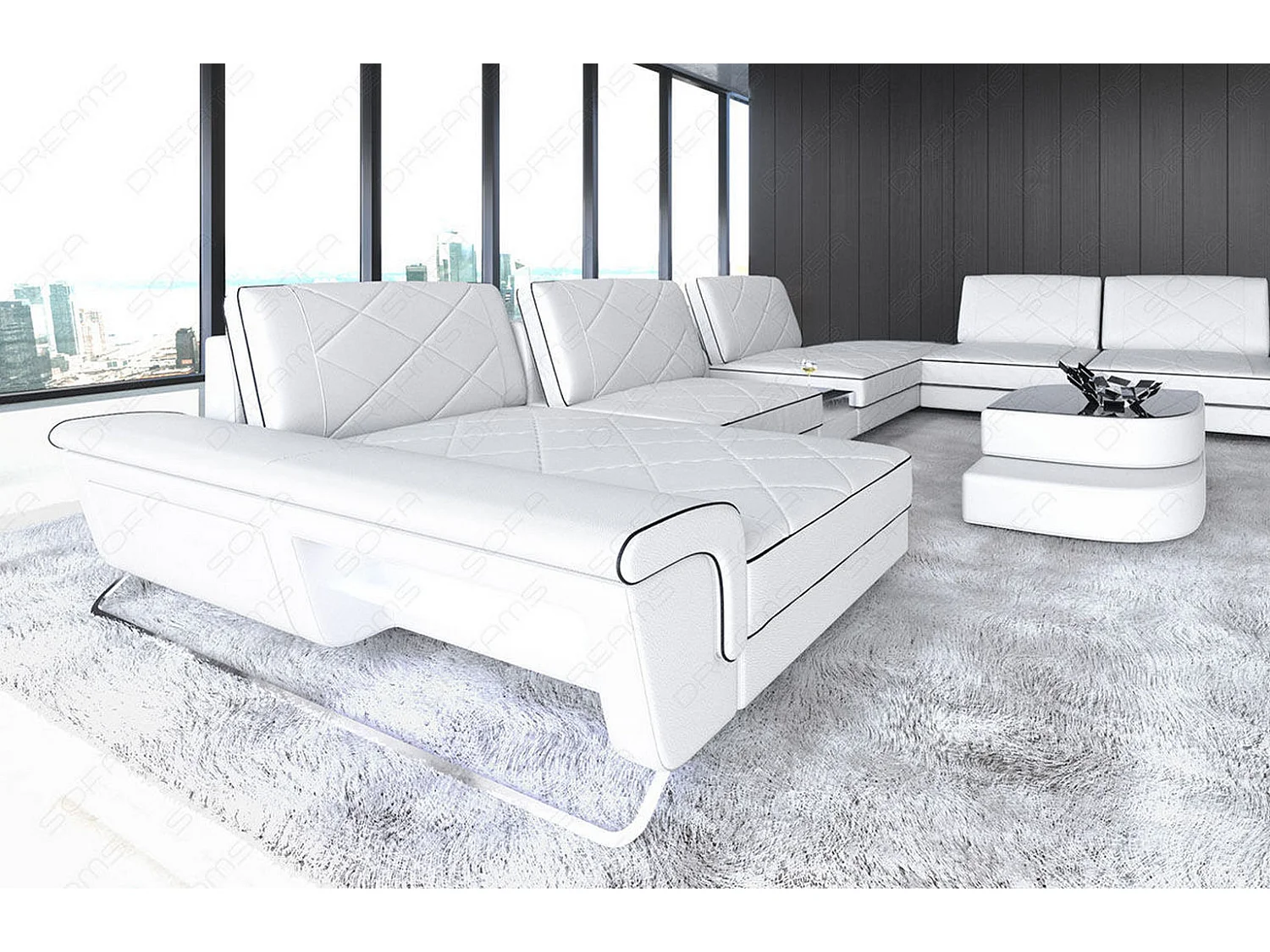 Sofa Bari U XXL Leder Kunstleder Weiß Schwarz Links