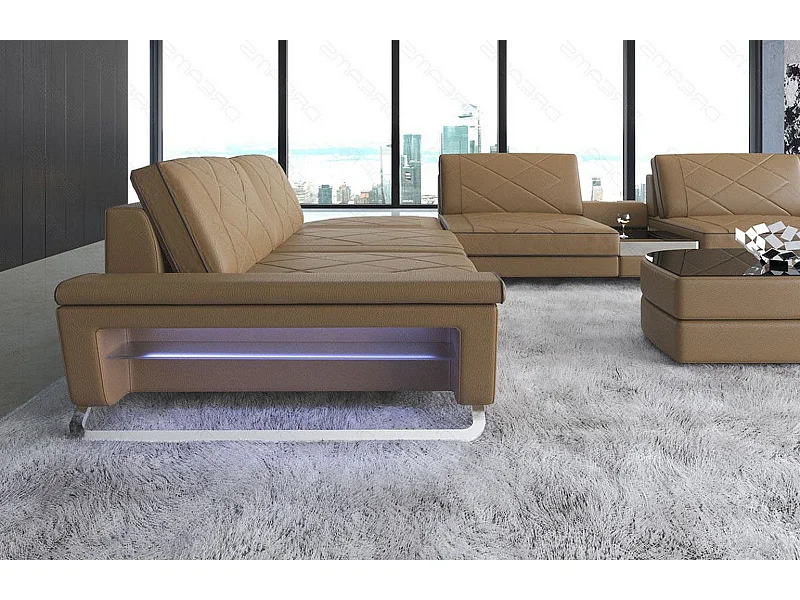 Sofa Bari U XXL Leder Echtleder Sandbeige Braun Rechts