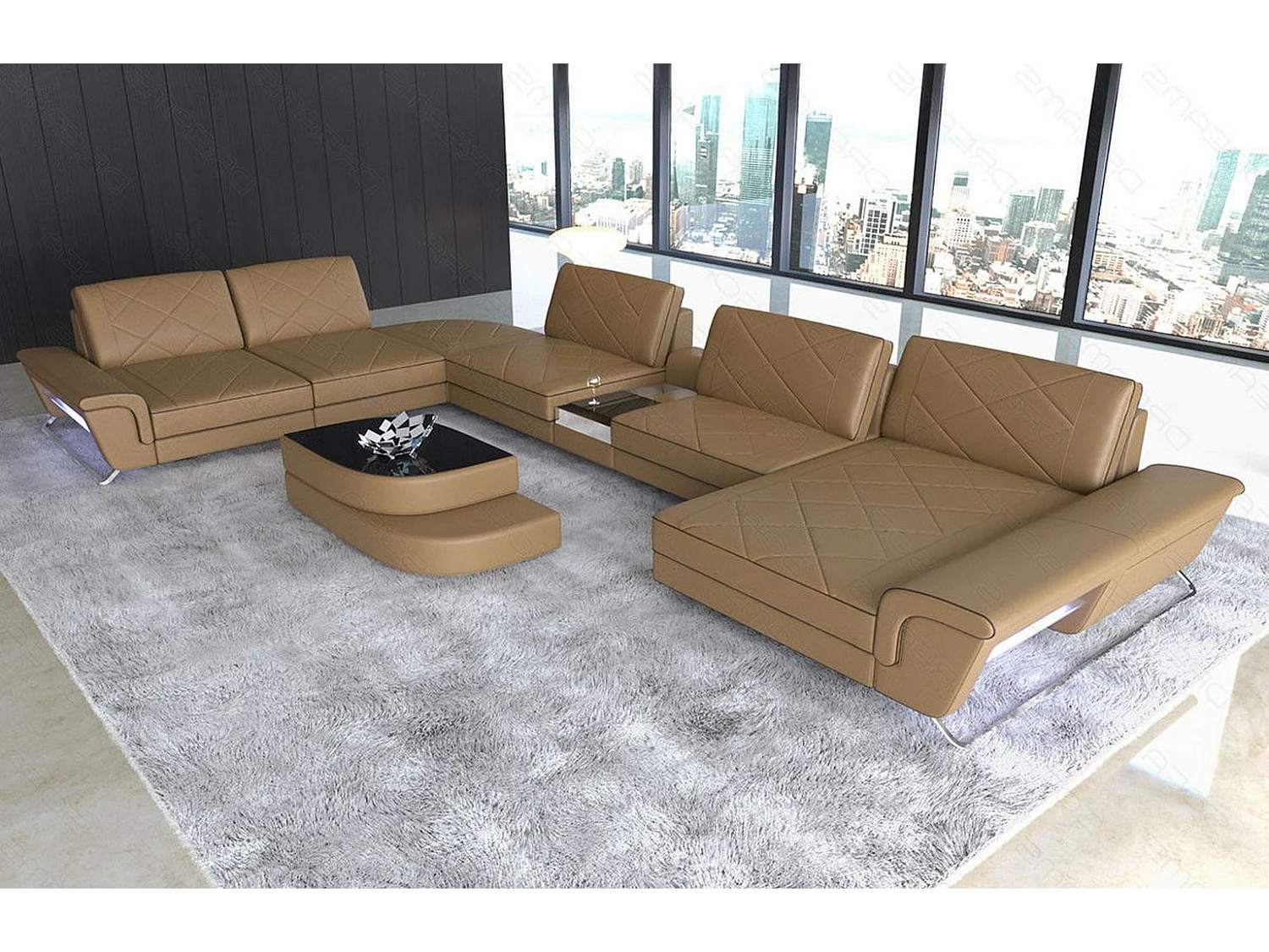 Sofa Bari U XXL Leder Echtleder Sandbeige Braun Rechts