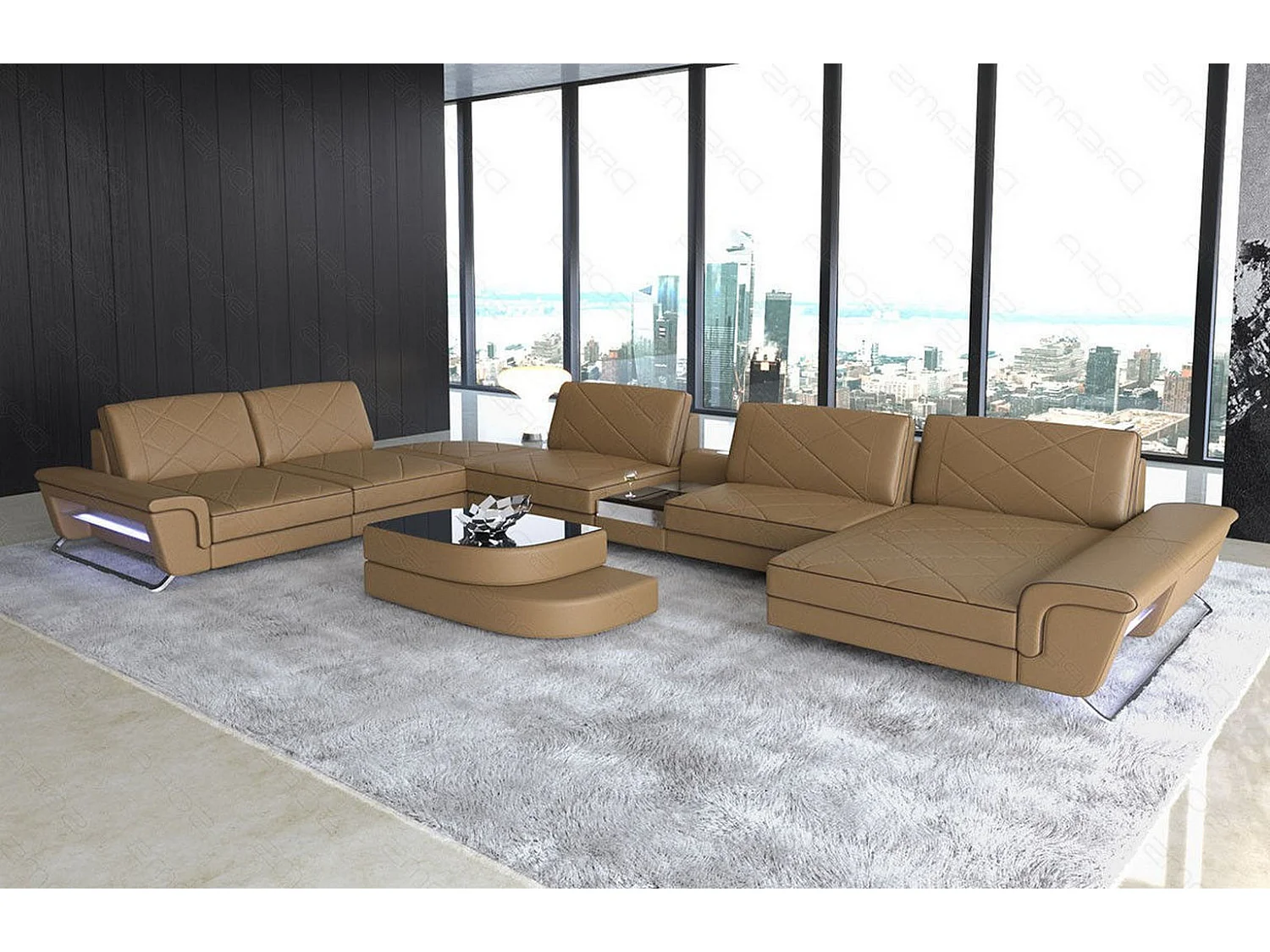 Sofa Bari U XXL Leder Ledermix Sandbeige Braun Rechts