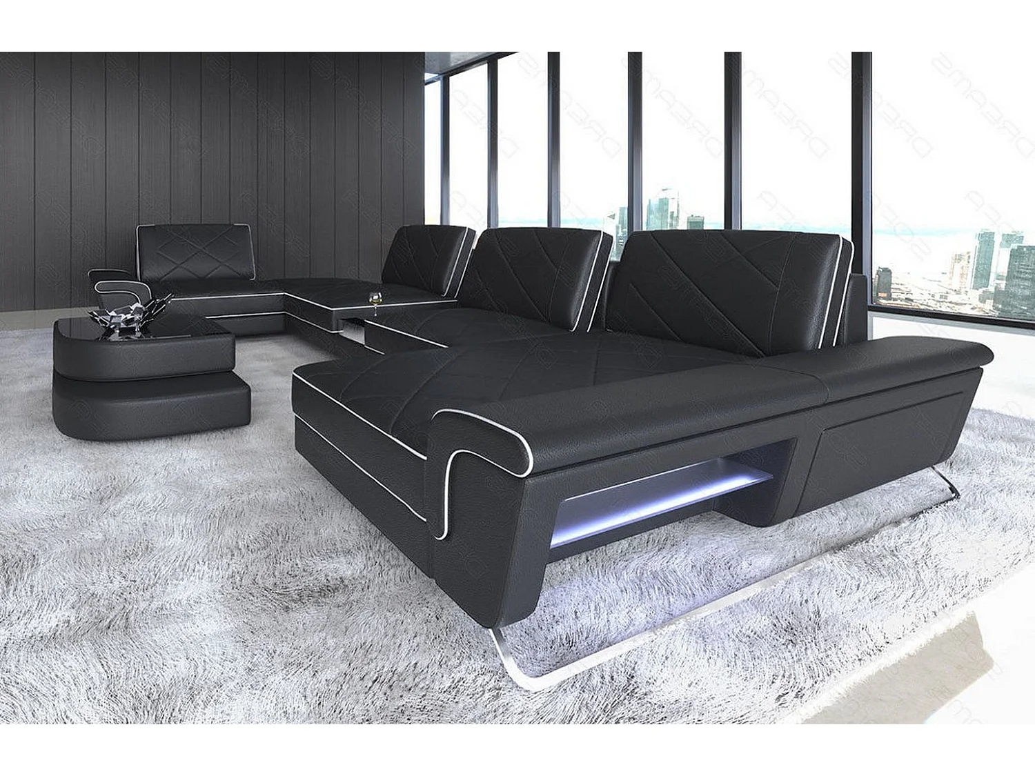 Sofa Bari U Leder Kunstleder Schwarz Weiß Rechts