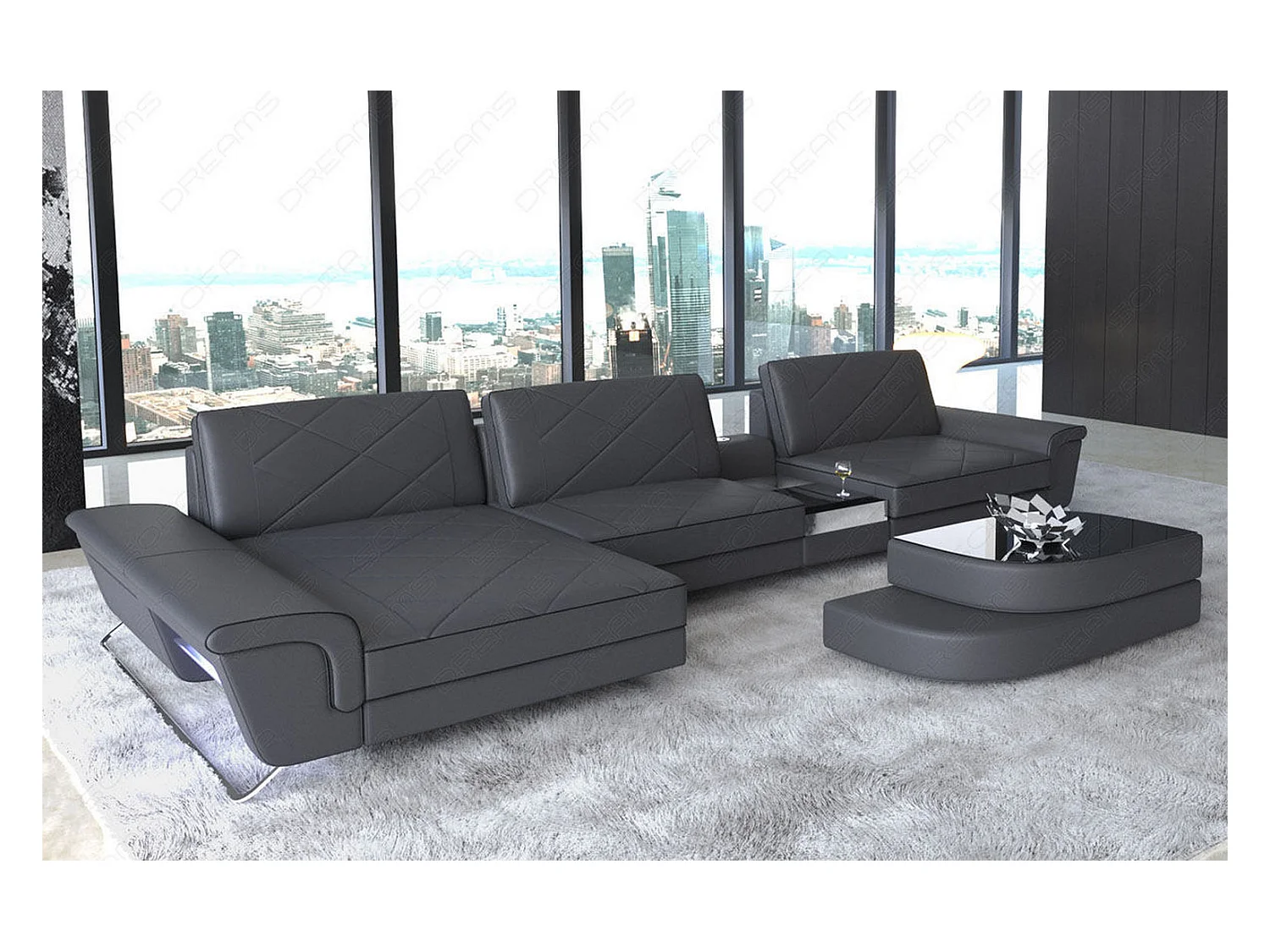 Ledersofa Bari L Echtleder Schwarz Grau Links