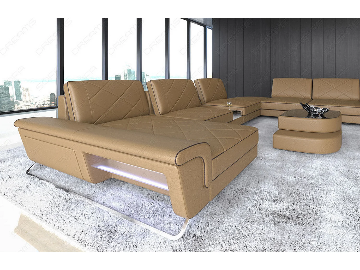 Sofa Bari U XXL Leder Ledermix Sandbeige Braun Links