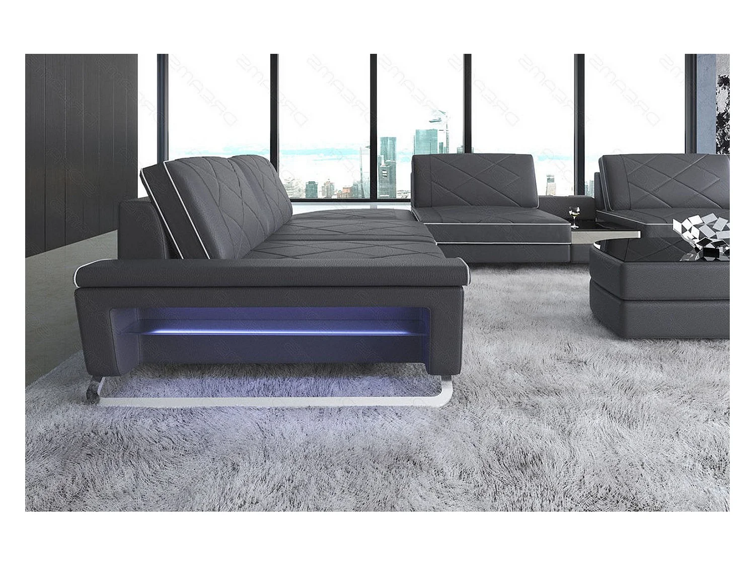 Sofa Bari U XXL Leder Ledermix Grau Weiß Rechts